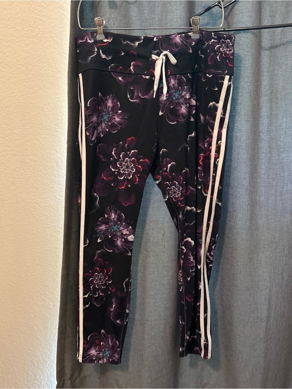 Avia Black Leggings with Purple Floral Print and White Side Stripes